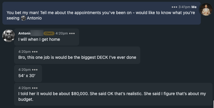 Antonio C. text: biggest deck he's ever done, $80,000