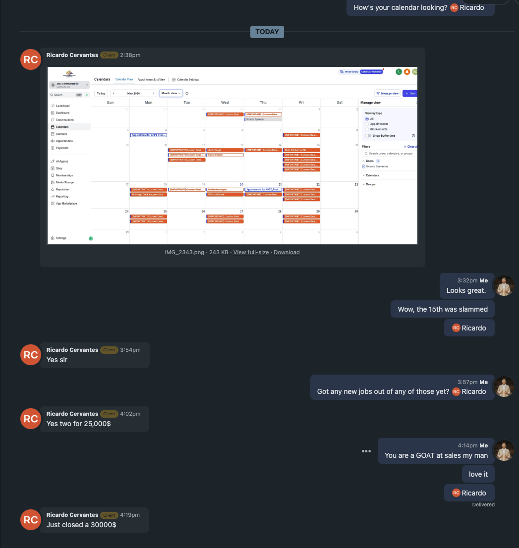 Ricardo Cervantes (AnRi Construction) — packed GHL calendar, closed $25k + $30k in jobs from the booked appointments